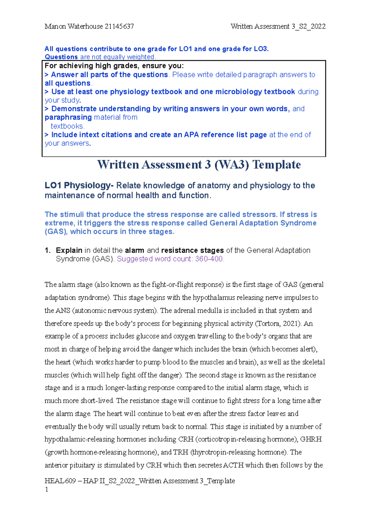 Written Assessment 3 HAP II S2 2022 Final All questions contribute to one grade for LO1 and