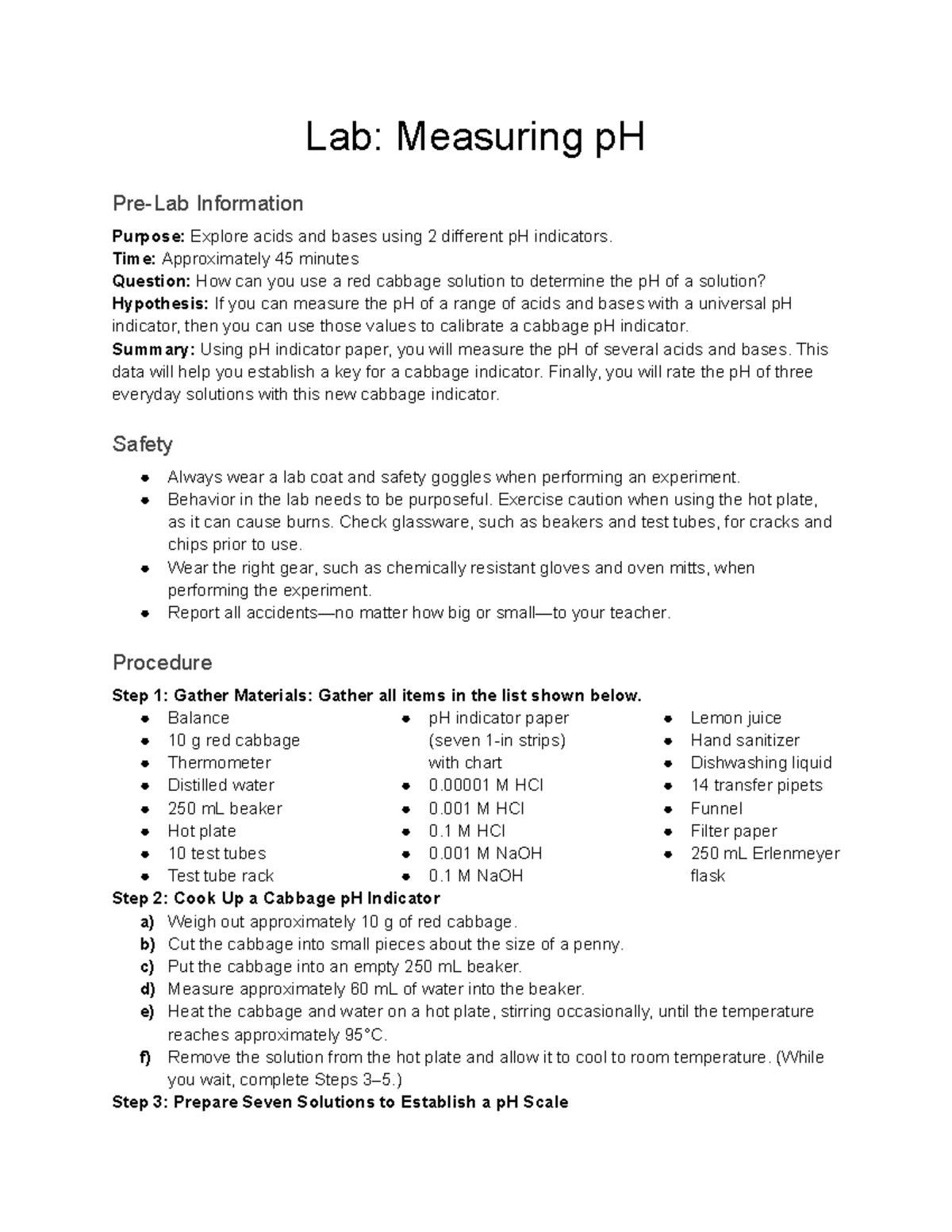Lab 10 Measuring p H Lab Measuring pH PreLab Information Purpose