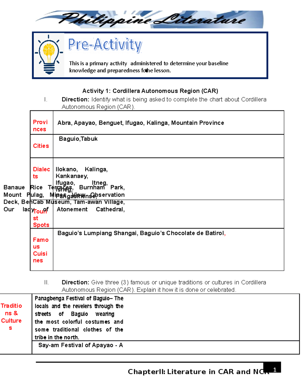 Chapter III - Preactivity - Literature IN CAR AND NCR - Activity 1 ...