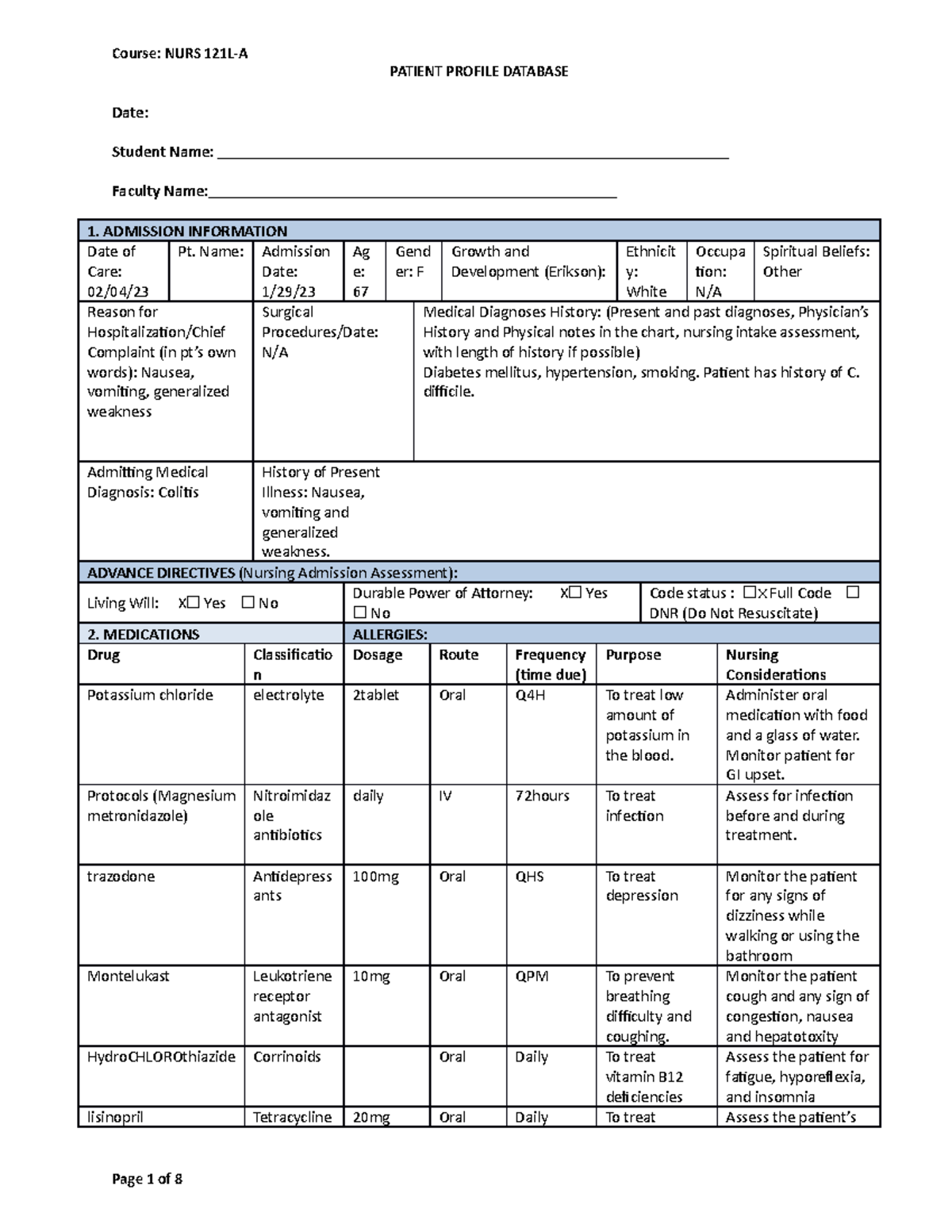 Patient data base - PATIENT PROFILE DATABASE Date: Student Name ...