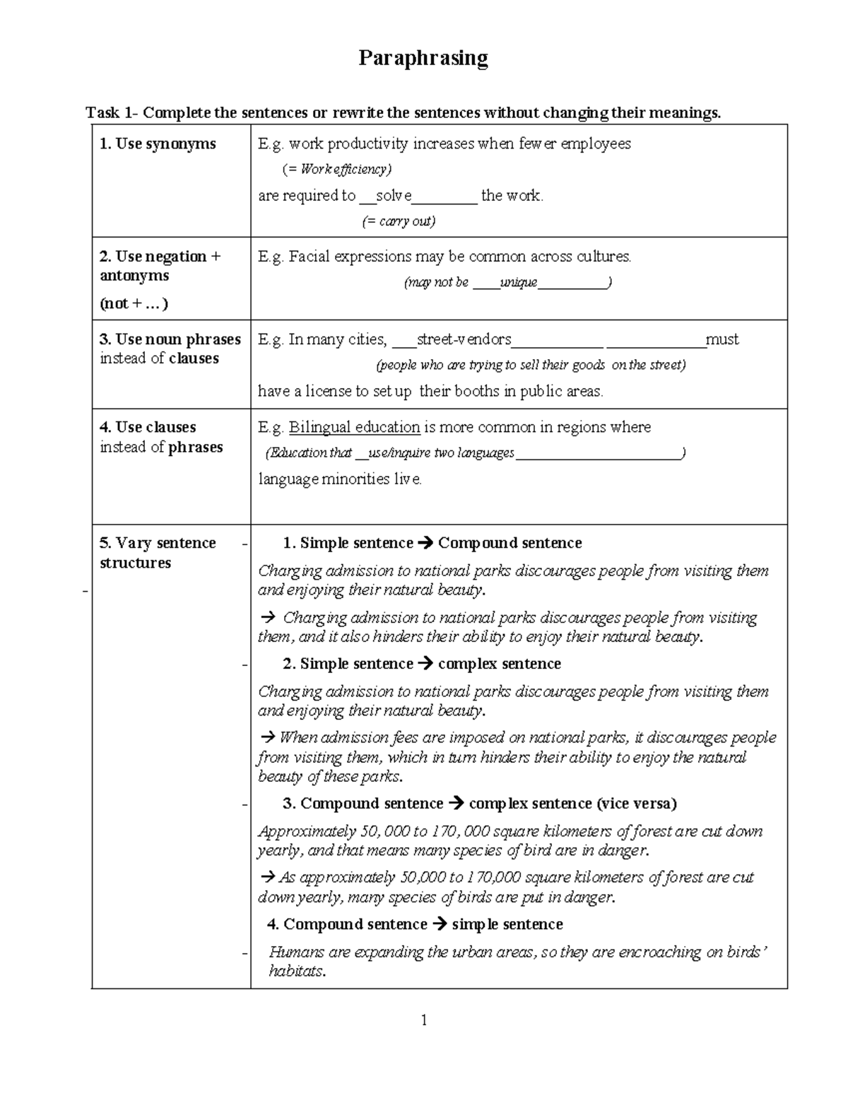 Paraphrasing - practice materials - Paraphrasing Task 1- Complete the ...