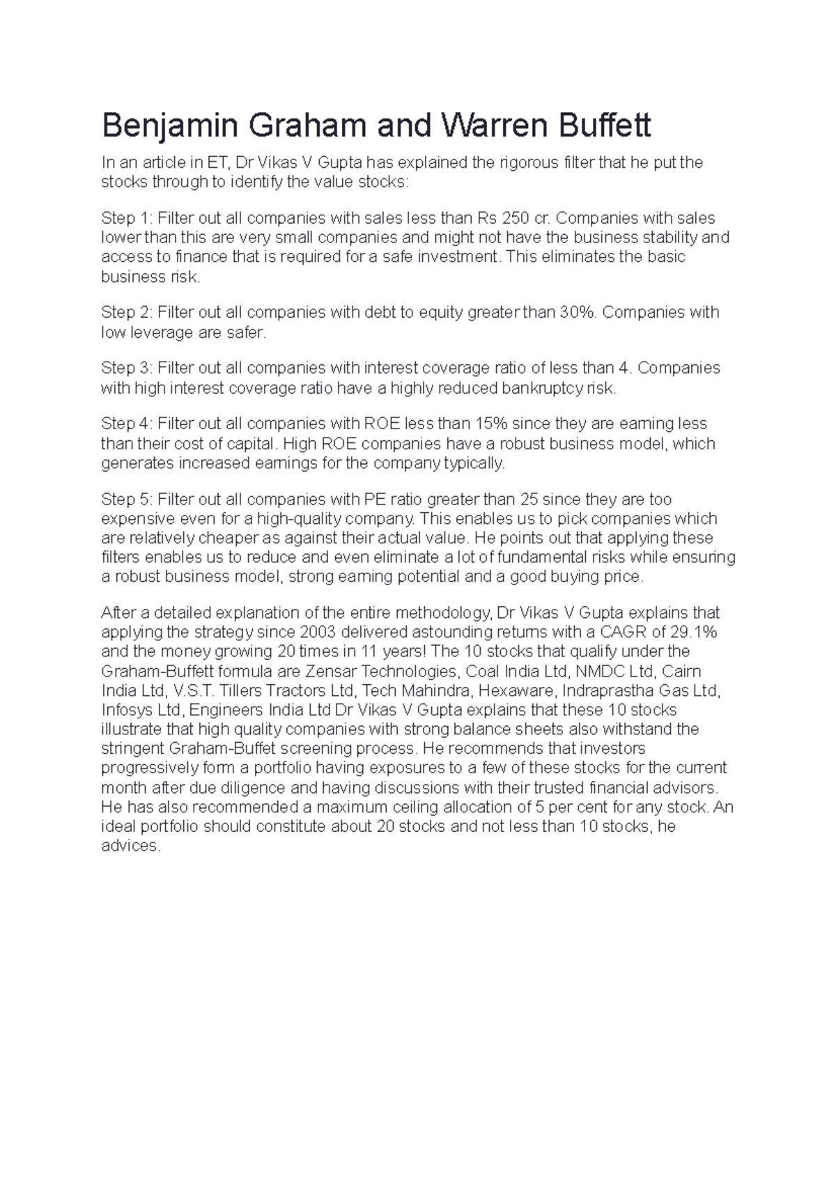 GrahamBuffett Formula Benjamin Graham and Warren Buffett In an