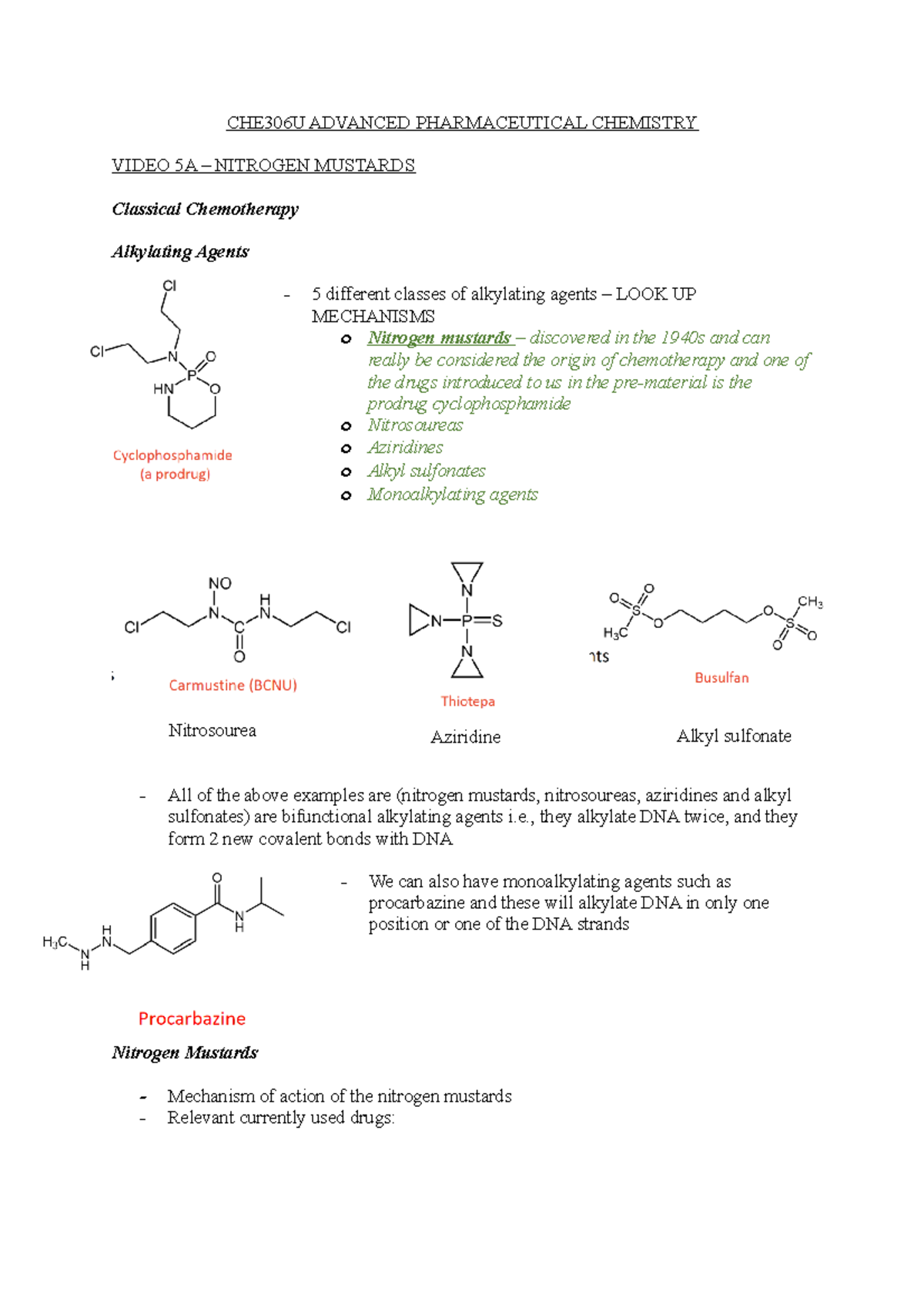 Video 5A Nitrogen Mustards CHE306U ADVANCED PHARMACEUTICAL CHEMISTRY