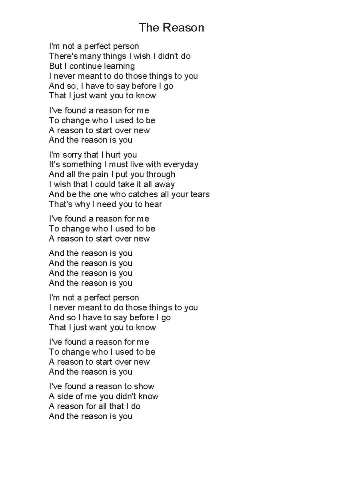 Musica reason - The Reason I'm not a perfect person There's many things ...