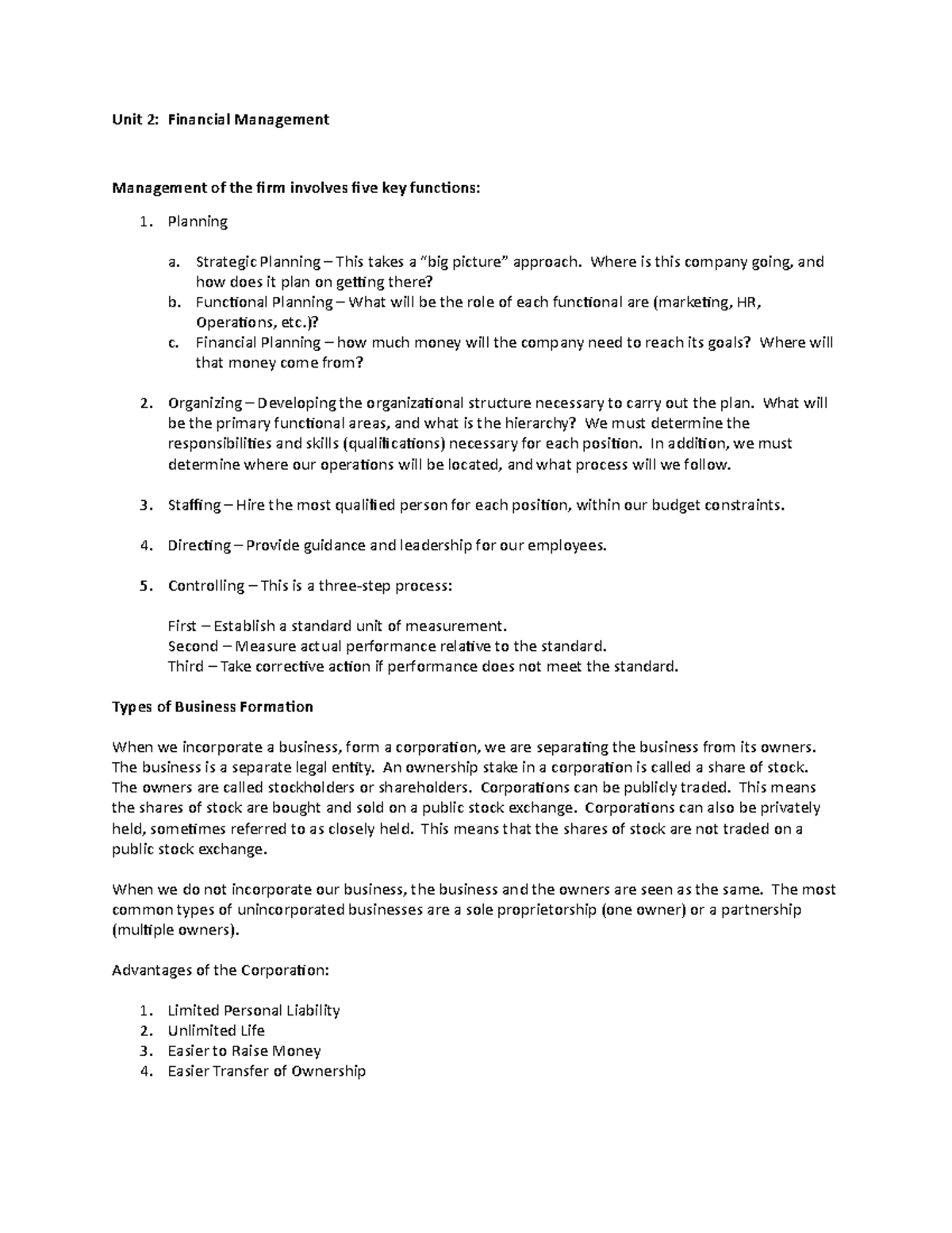 FIN 200 Lecture Notes Chapter 2 - Unit 2: Financial Management ...