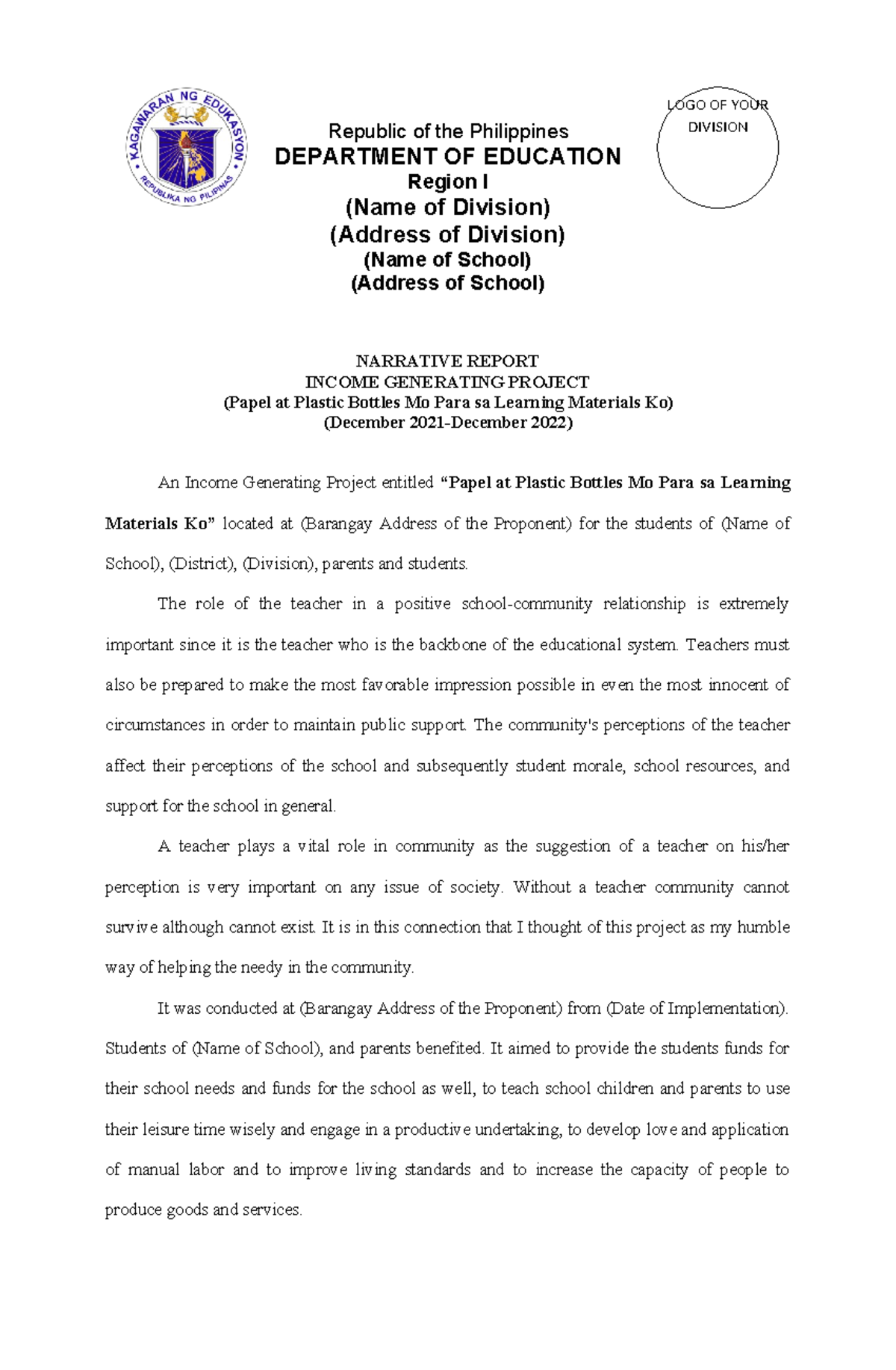 11. Narrative Report - Republic of the Philippines DEPARTMENT OF ...