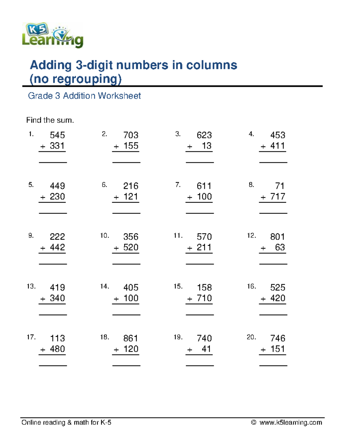 Grade 3 add 3 digit numbers in columns no regrouping c - Online reading ...