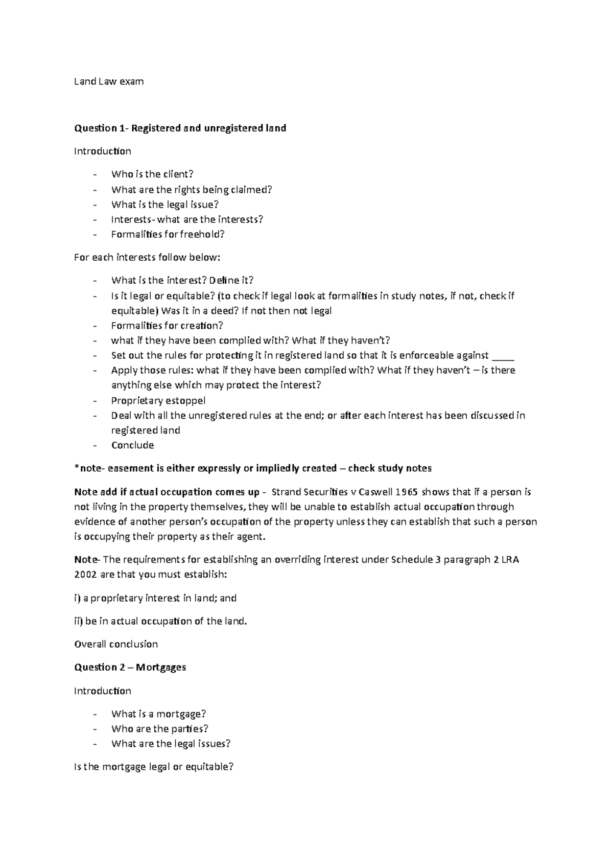 Exam question answer guide Land Law exam Quesion 1 Registered and