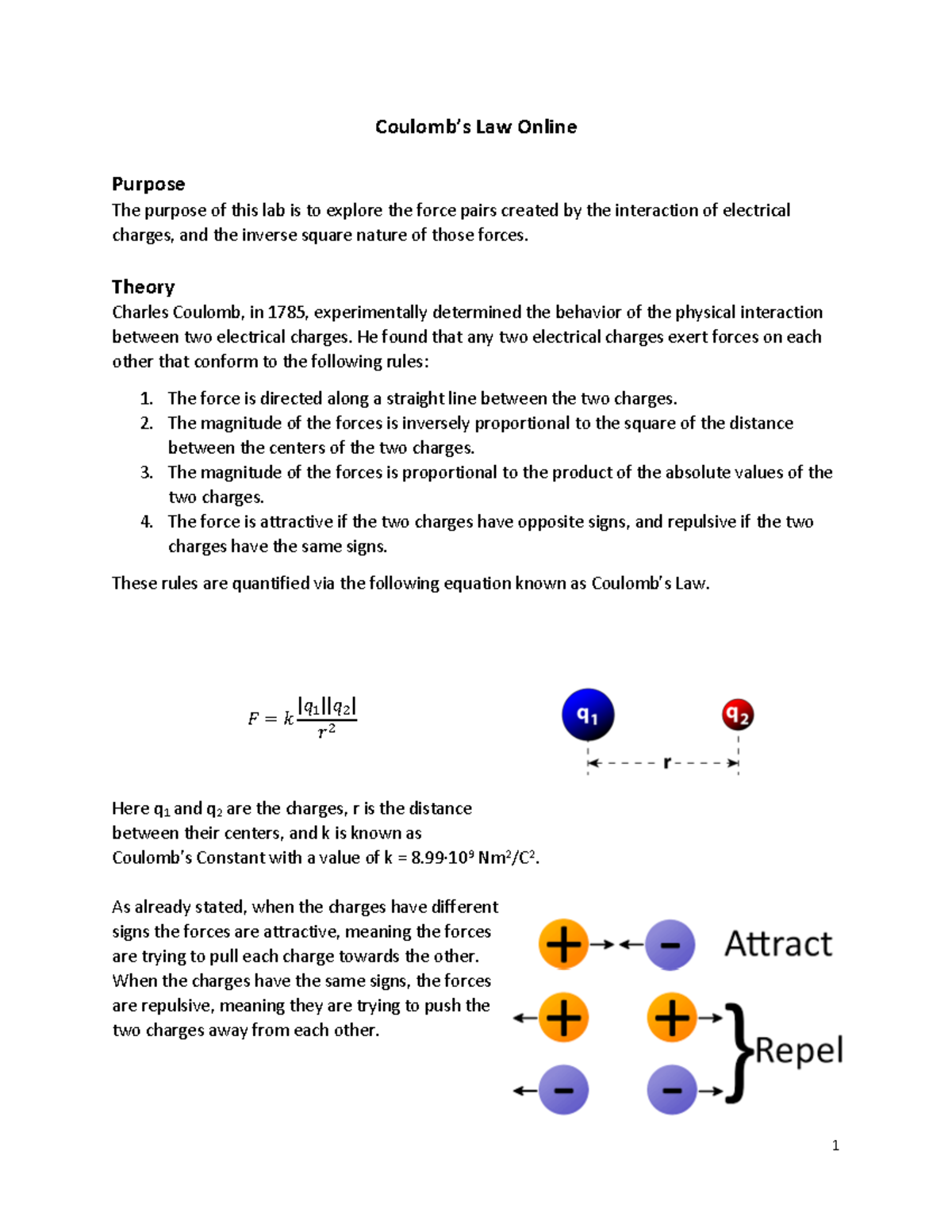 Fall22 Coulombs Law Lab Online Edited 8 - 1 Coulomb’s Law Online ...