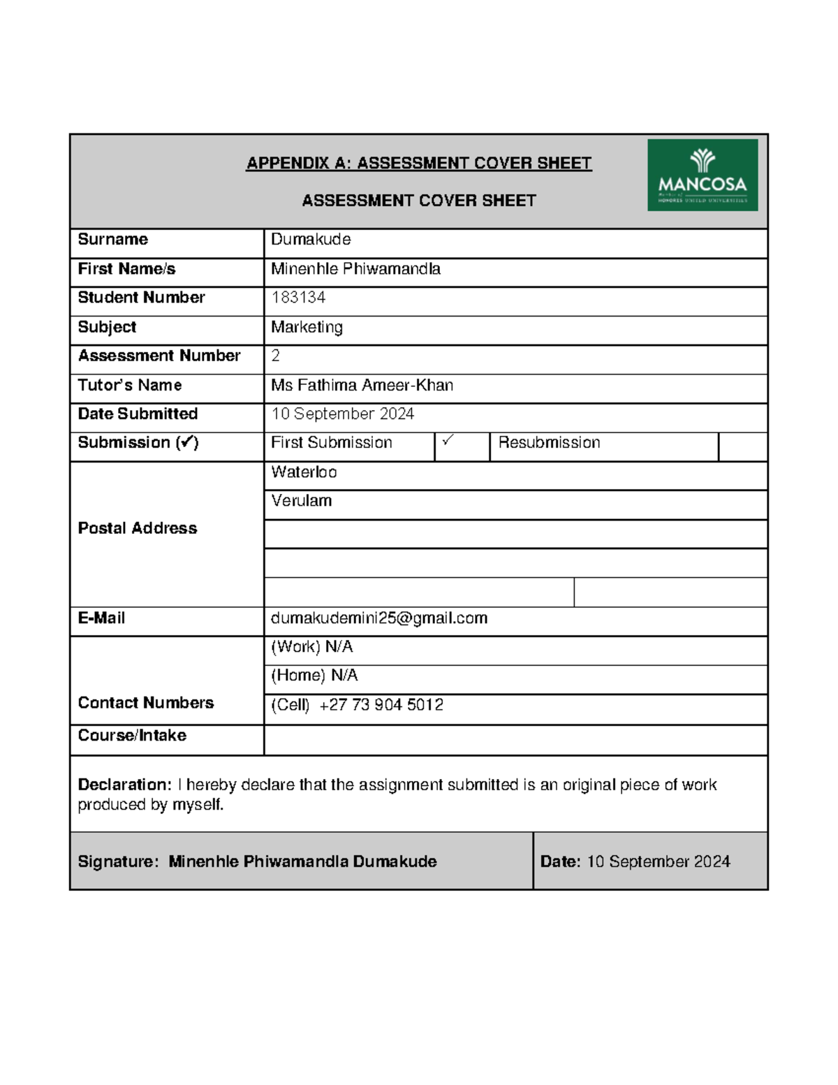 Dumakude Minenhle 183134 Marketing 2 Assessmement 2 - APPENDIX A ...