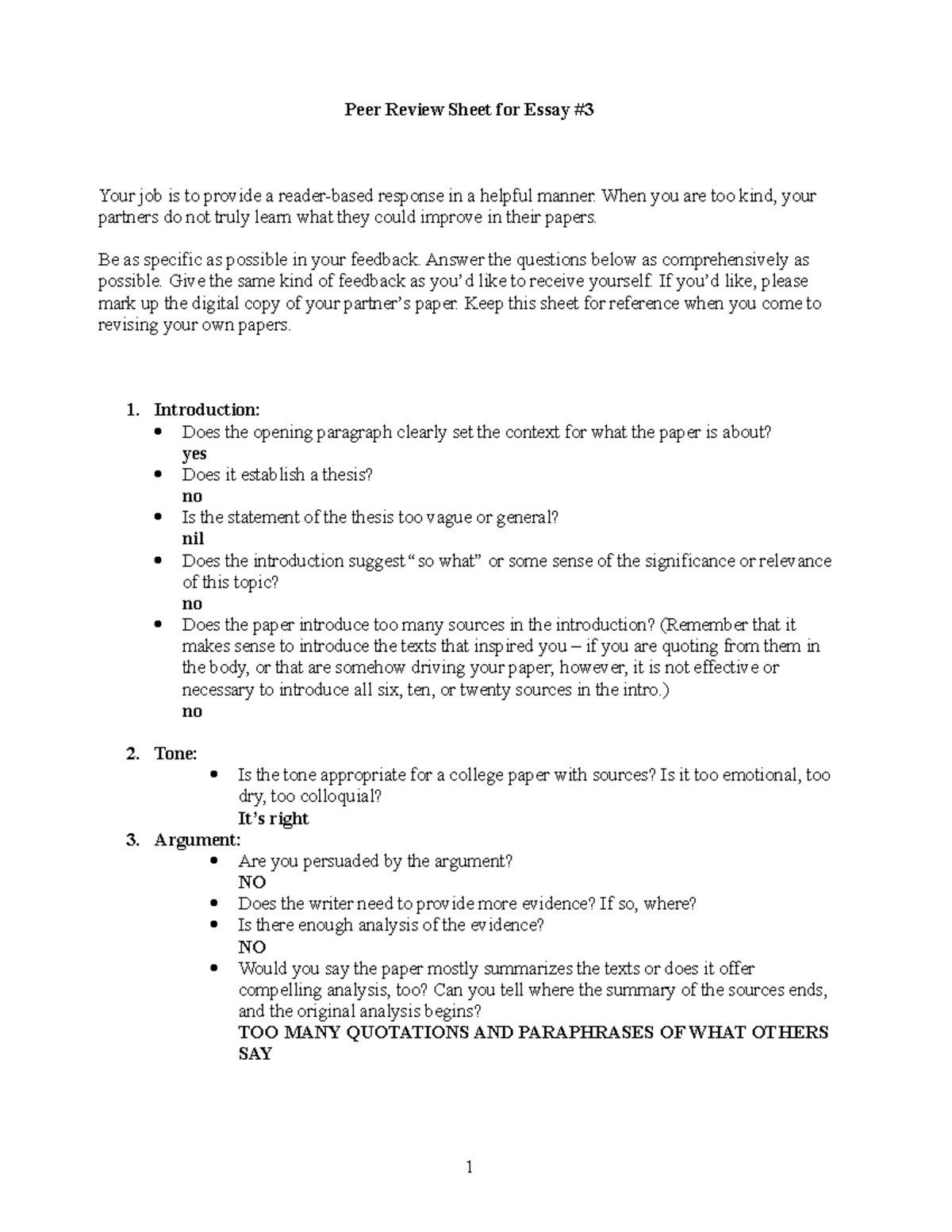 peer review sheet essay