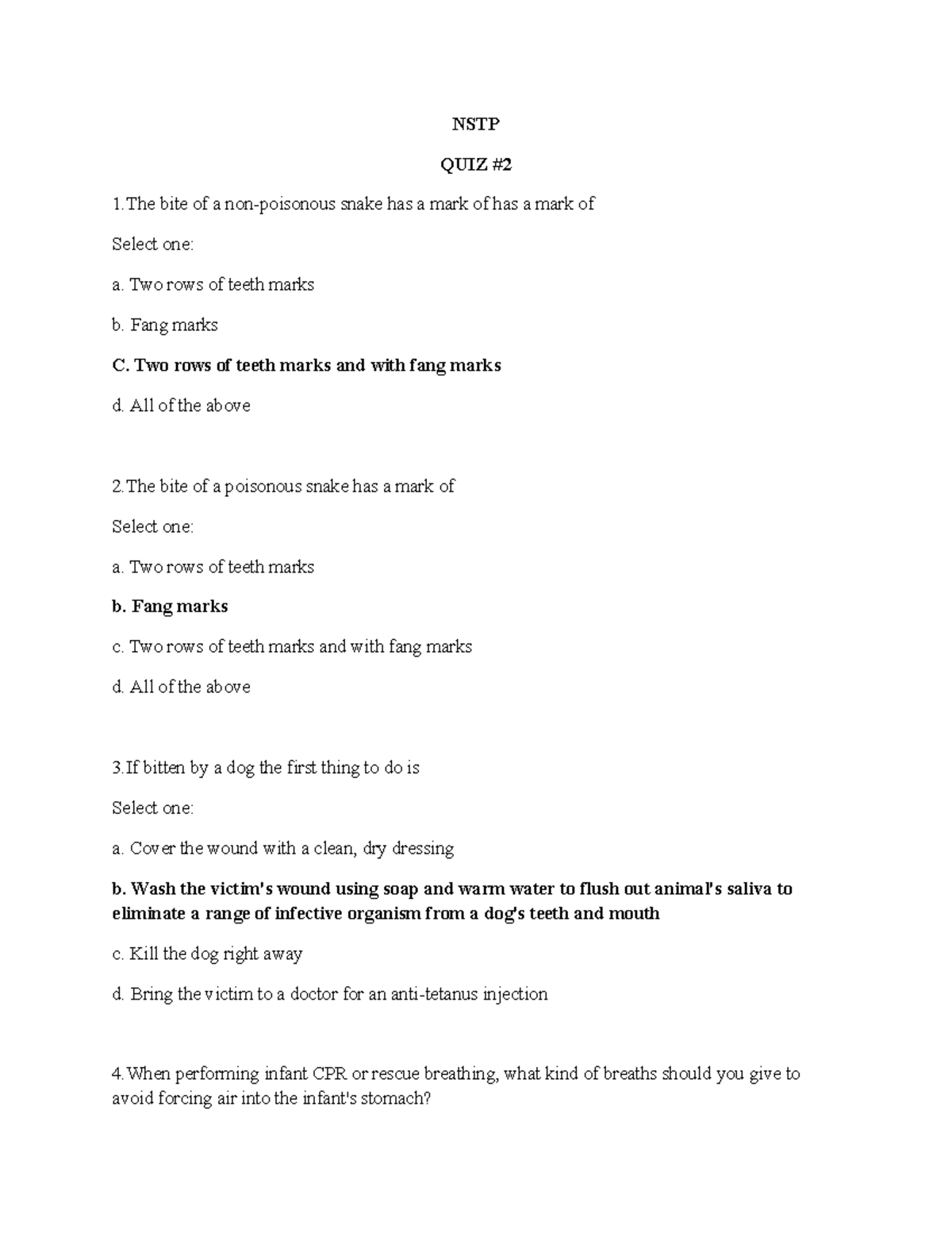NSTP QUIZ 2 - NSTP QUIZ 2 - NSTP QUIZ 1 bite of a non-poisonous snake ...