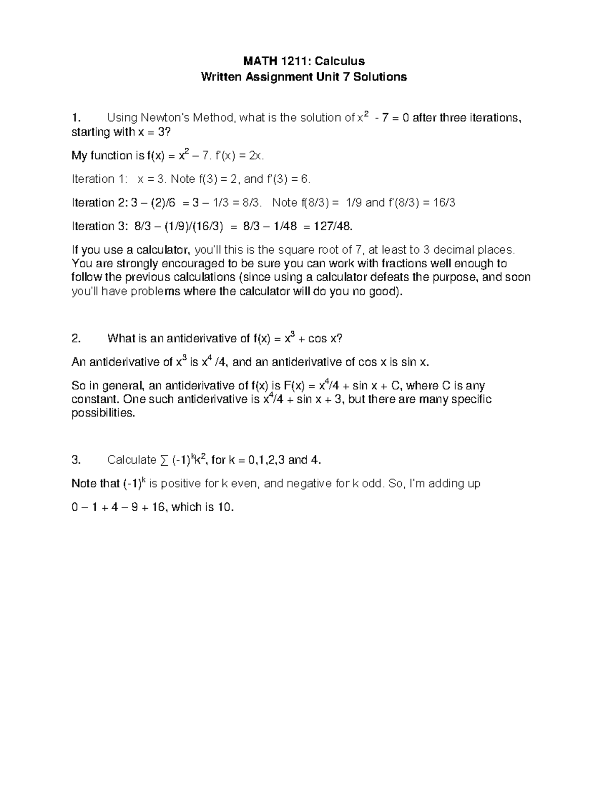 MATH1211Unit07Solutions - MATH 1211 : Calculus Written Assignment Unit ...