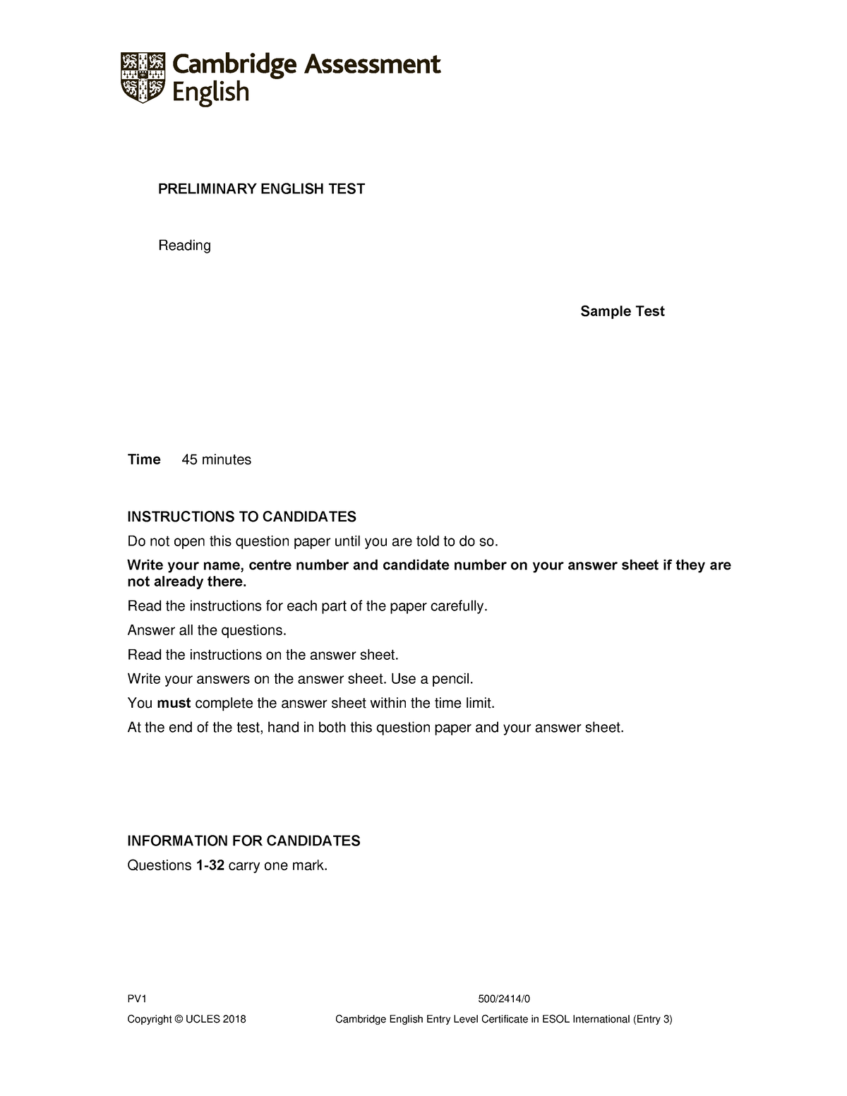 B1 Preliminary 2020 Sample Tests Reading Question Paper - PRELIMINARY ...