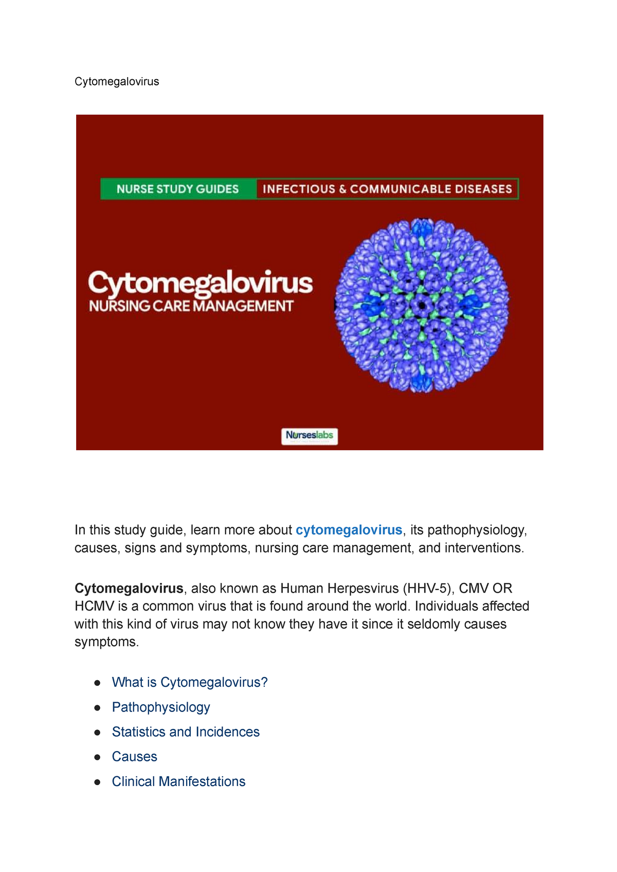 Cytomegalovirus - Lecture notes 1 - Cytomegalovirus In this study guide ...