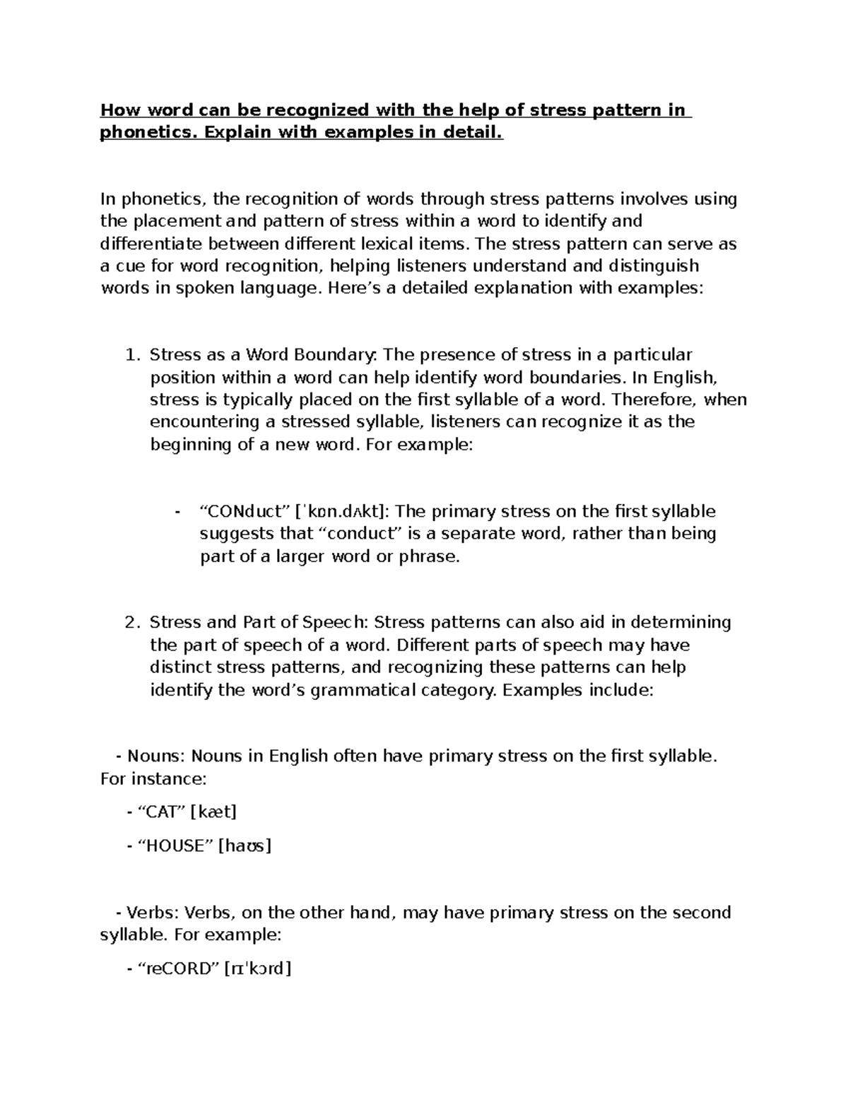 Stress pattern in phonetics - Explain with examples in detail. In ...