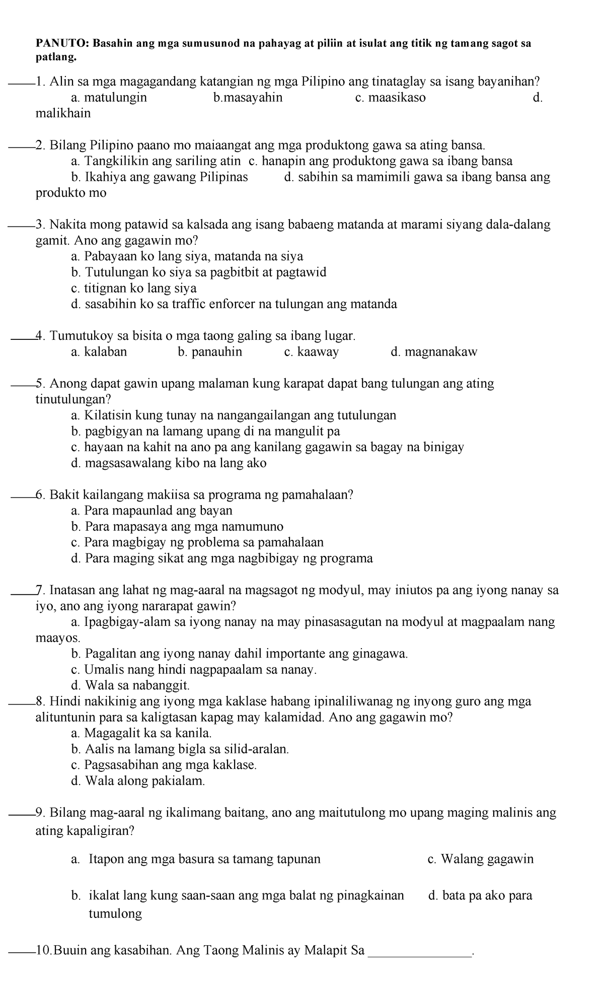 Esp q3 st1 - esp dll for quarter three grade 5 - PANUTO: Basahin ang ...