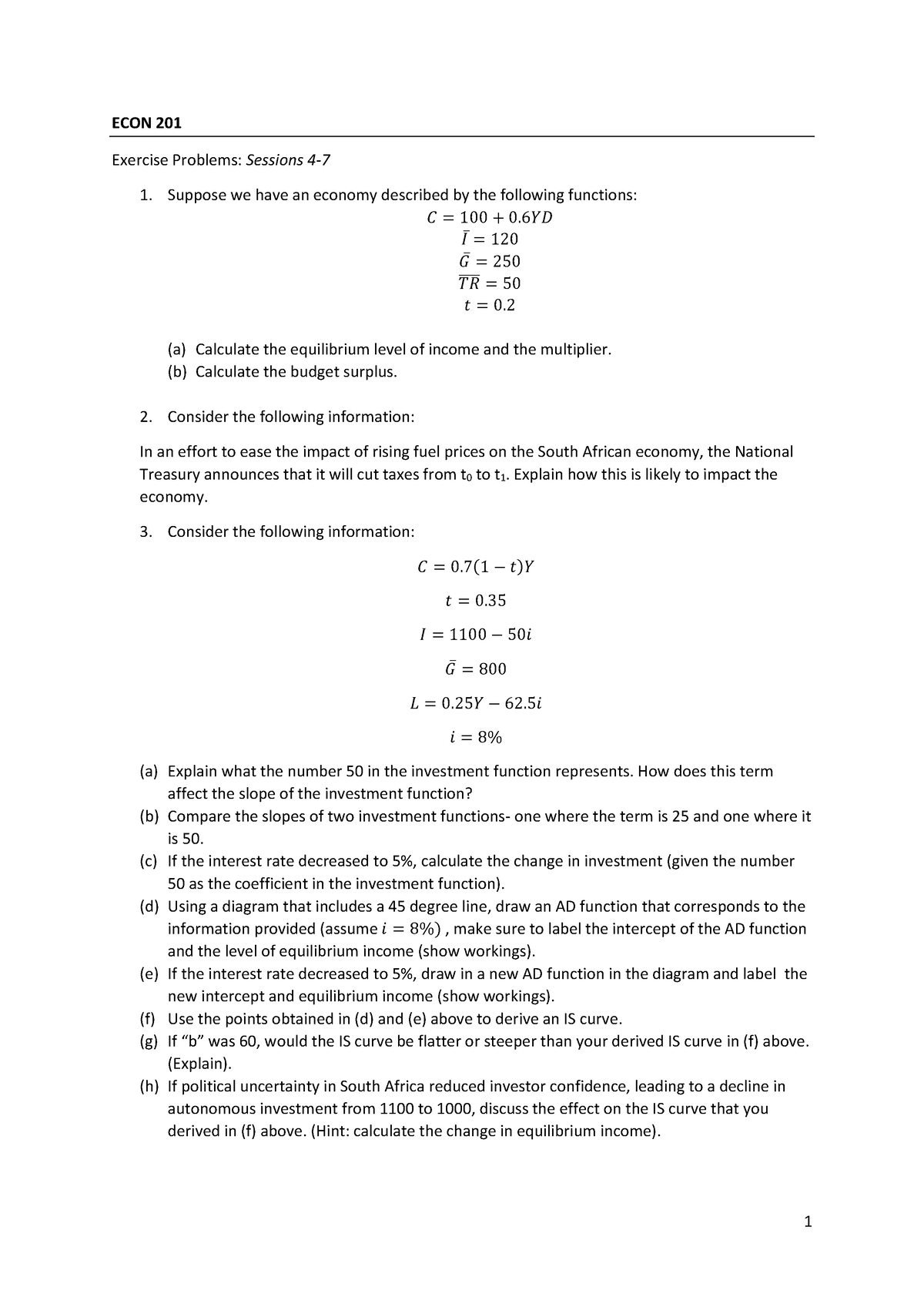 Tutorial 7 - 1 ECON 201 Exercise Problems: Sessions 4- Suppose We Have ...