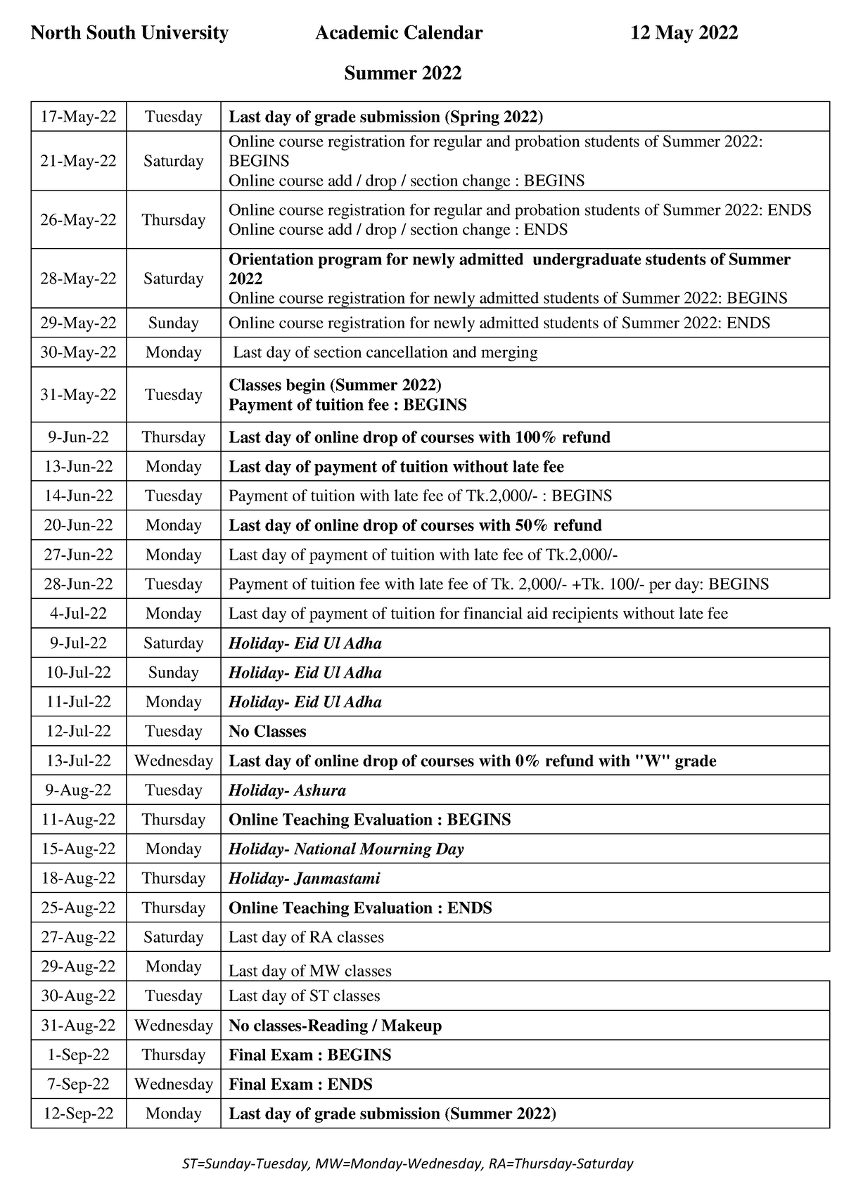 5 240 Academic Calendar Summer 2022 12 May 2022 North South 