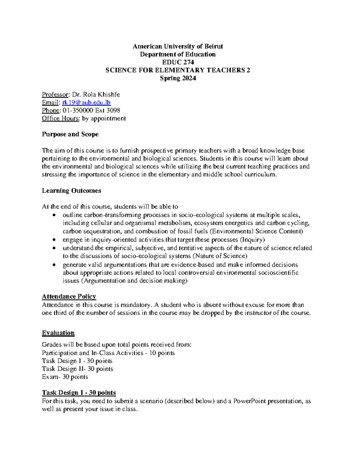 EDU 274 Syll Spring 2024 American University Of Beirut Department Of 