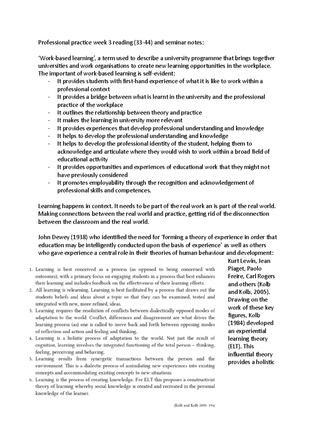 Work-based learning. - Professional practice week 3 reading (33-44) and ...