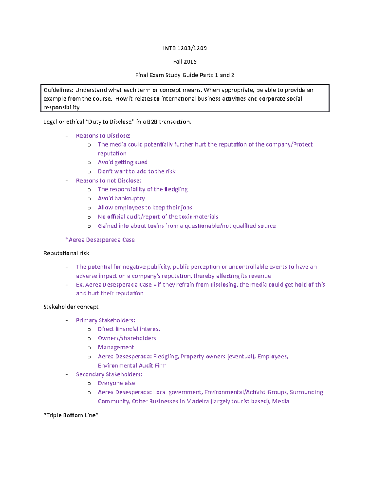 Final Exam Study Guide Parts 1 and 2 - INTB 1203/ Fall 2019 Final Exam ...