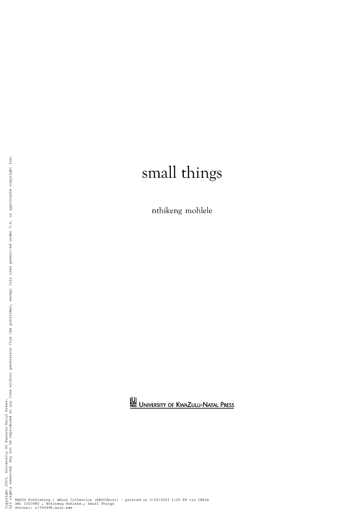 Nthikeng Mohlele 2013 Title Page Small Things - 3 SMALL THINGS Small ...