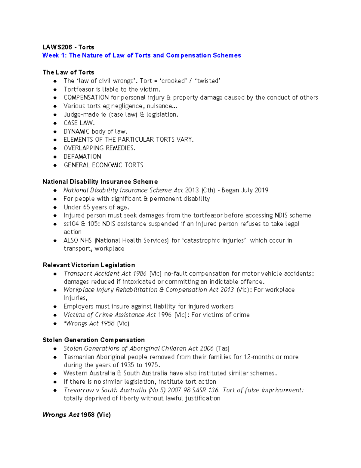 Exam - torts - exam notes - LAWS206 - Torts Week 1: The Nature of Law ...
