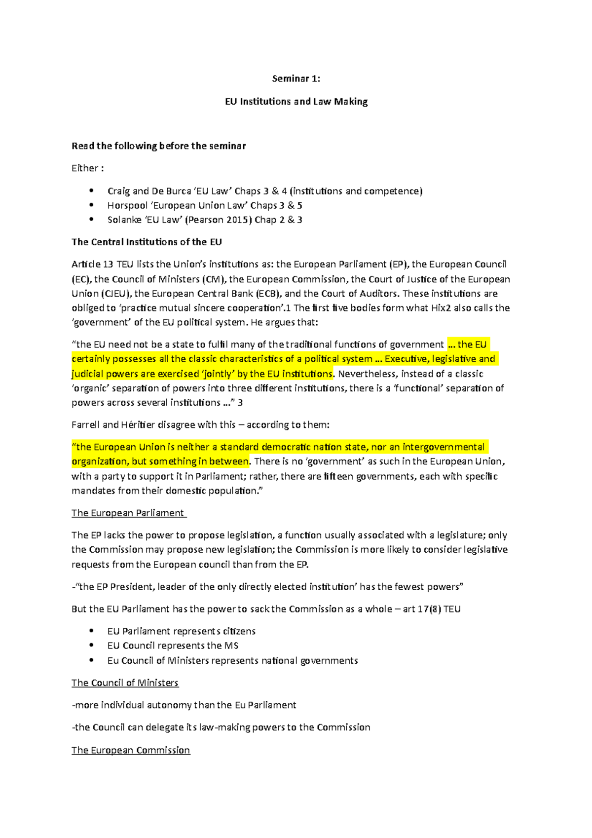 Seminar 1 - EU Institutions and Law Making seminar notes - Seminar 1 ...