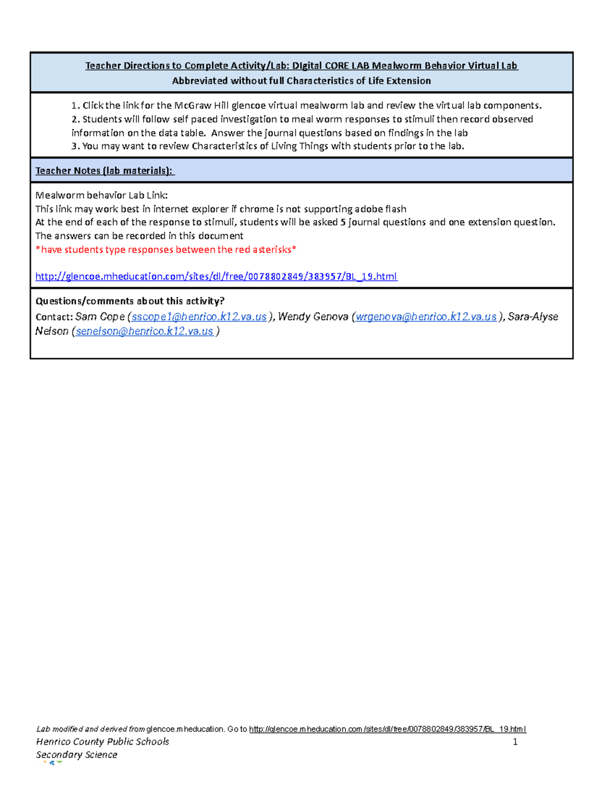 Mealworm Behavior Virtual Lab Teacher Directions to Complete Activity