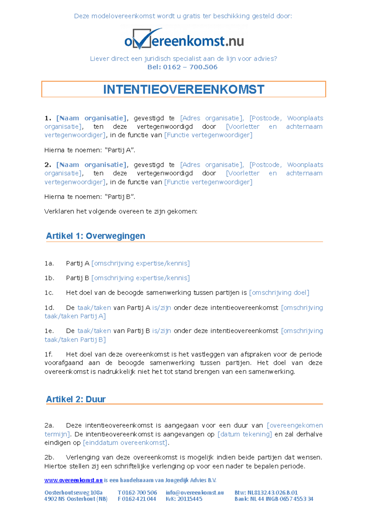 Intentieovereenkomst (voorbeeld) - Deze Modelovereenkomst Wordt U ...