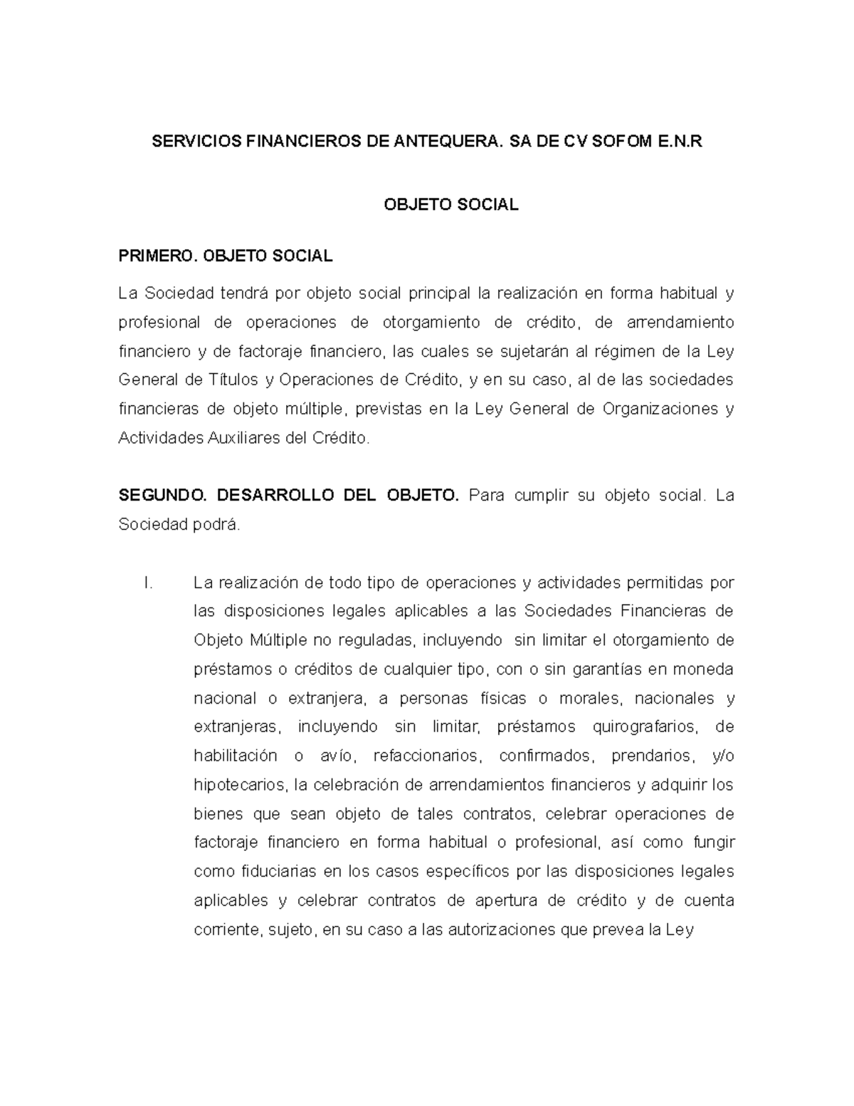 Sofom Objeto Social Borrador Final - SERVICIOS FINANCIEROS DE ANTEQUERA ...