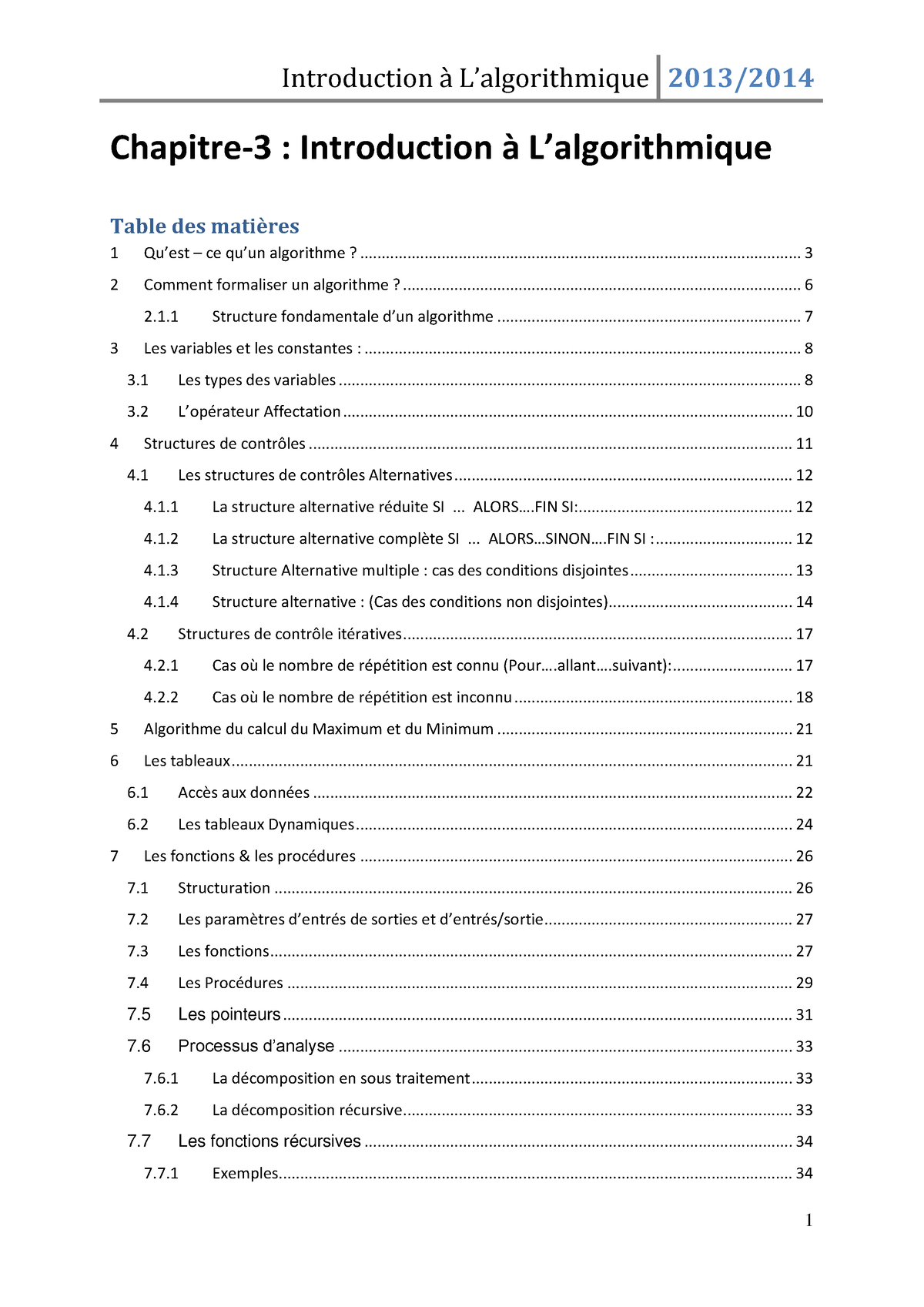 Cours Algorithmique Et Programmation 1 Chapitre 3 Introduction à L