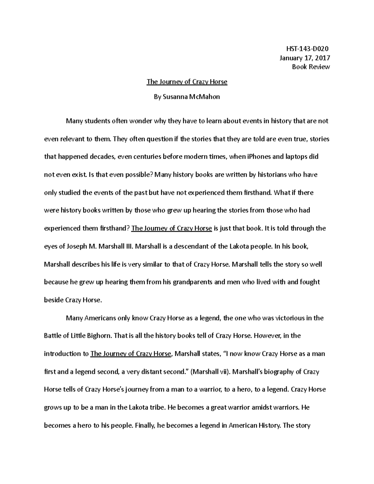 Crazy Horse book review HST143D January 17, 2017 Book Review The