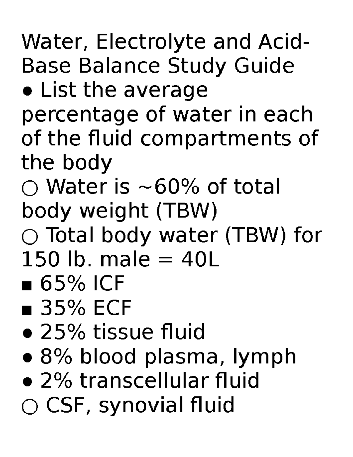 Blood Study Guide 2 - Water, Electrolyte And Acid- Base Balance Study ...