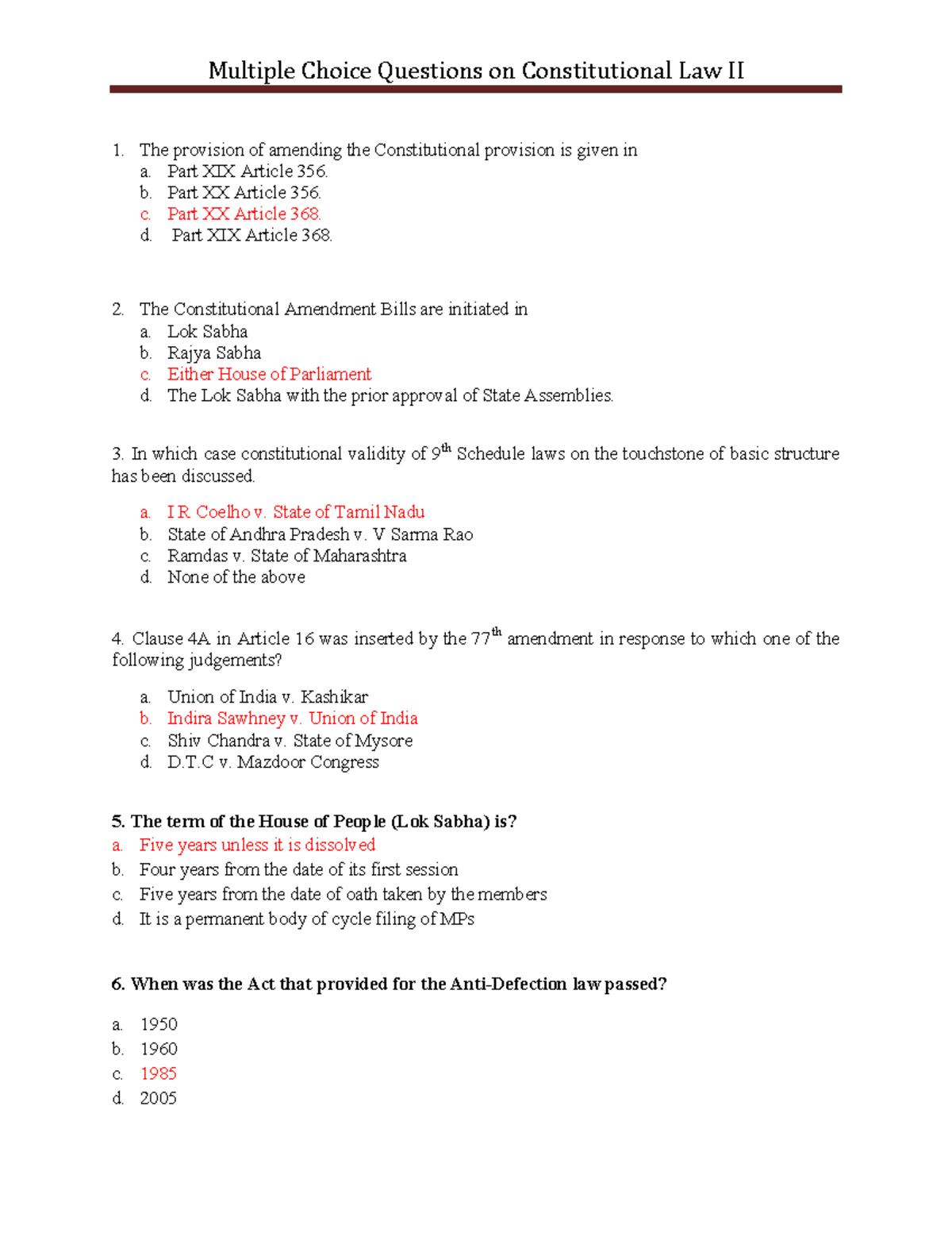 MCQs on Constitutional Law II - Set I - The provision of amending the ...