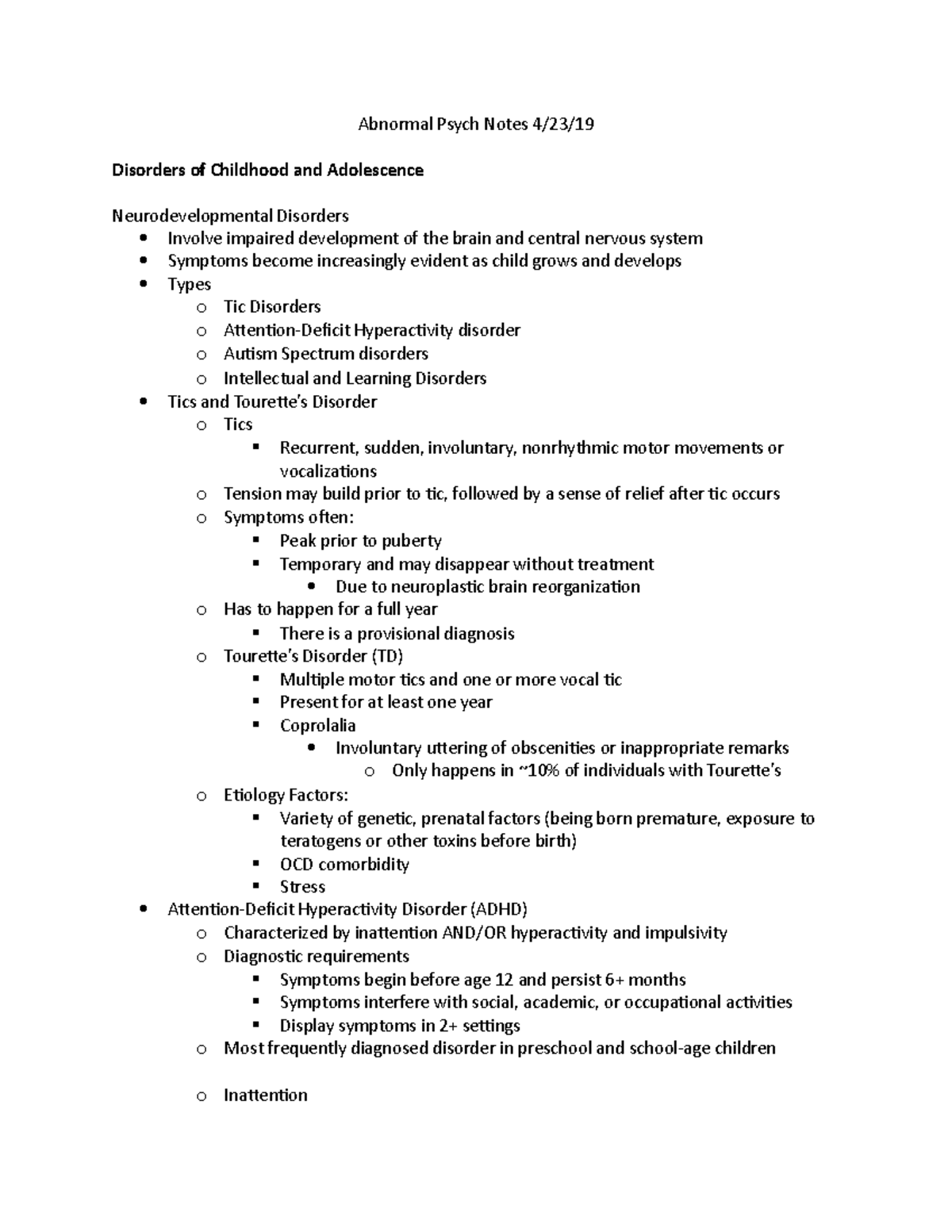 Abnormal Psych Notes child disorders - Abnormal Psych Notes 4/23 ...