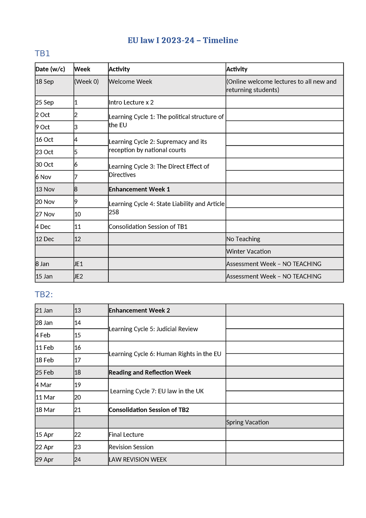 2023 EU law I Timeline - EU law I 2023-24 – Timeline TB Date (w/c) Week ...