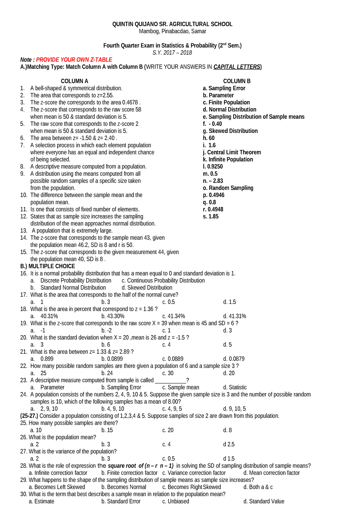 STAT. & PROB. 4TH Quarter Exam QUINTIN QUIJANO SR. AGRICULTURAL