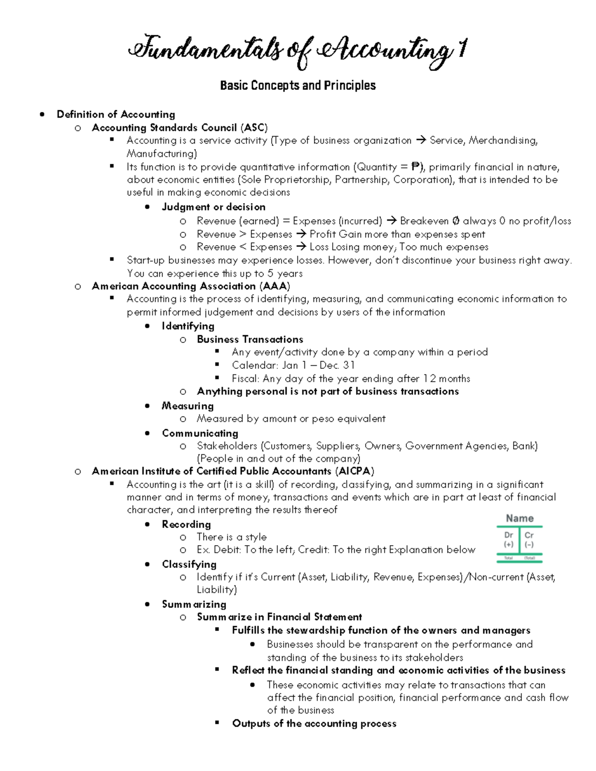 Accounting Notes - Fundamentals of Accounting 1 Basic Concepts and ...