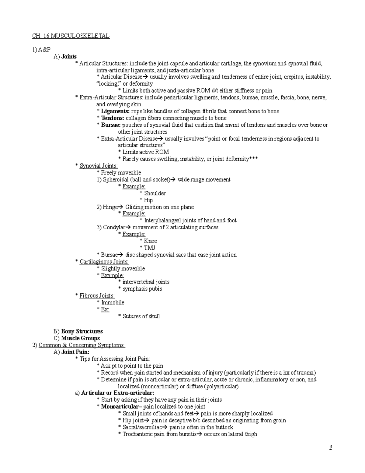 Ch. 16 Musculoskeletal - Ch. 16 Musculoskeletal 1) A&p A) Joints 