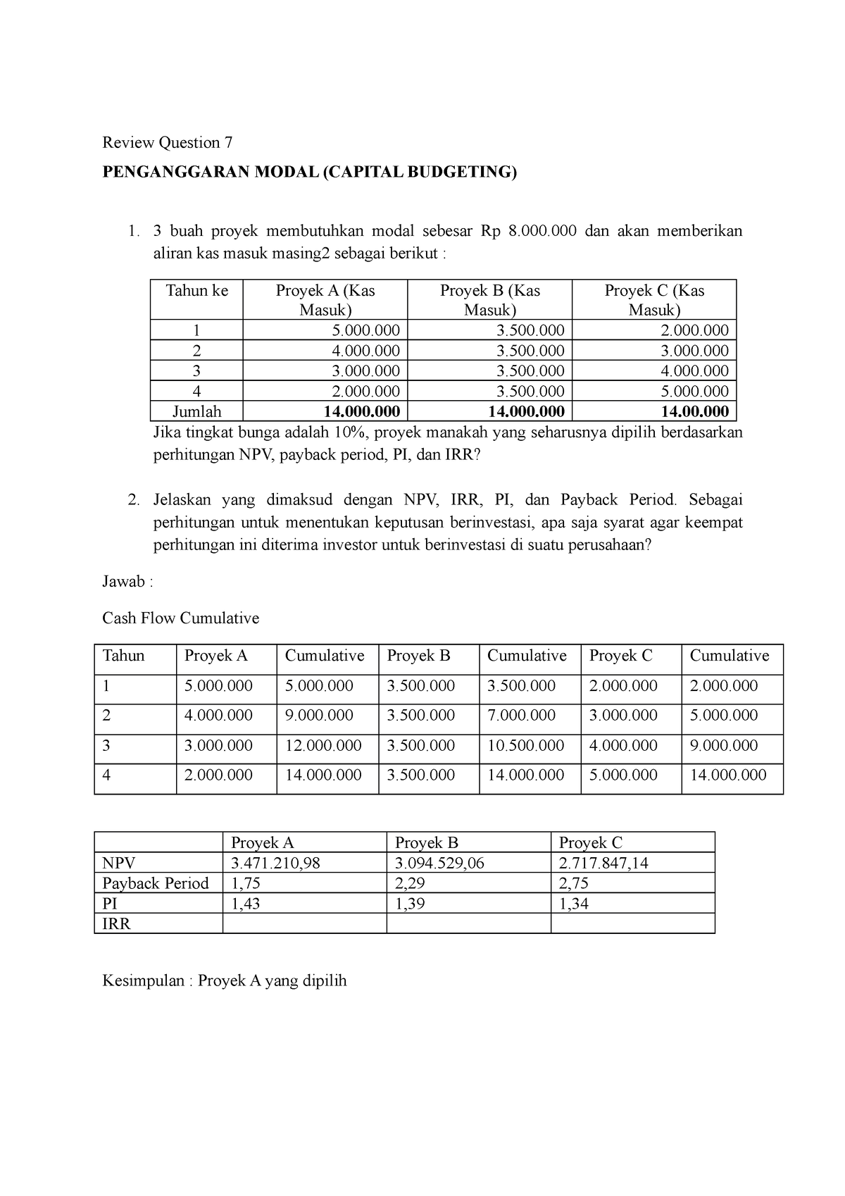 Review Question Capital Budgeting - Review Question 7 PENGANGGARAN ...