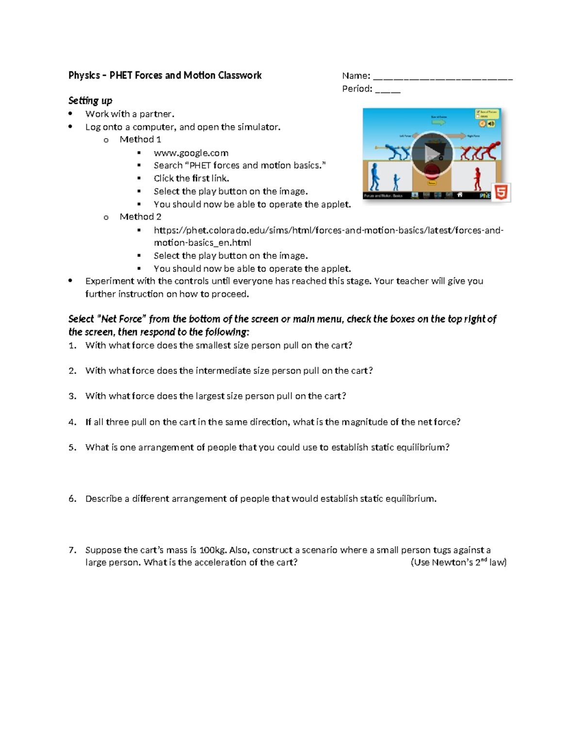 6.11 - PHET Forces and Motion Basics Simulator Classwork - Physics ...