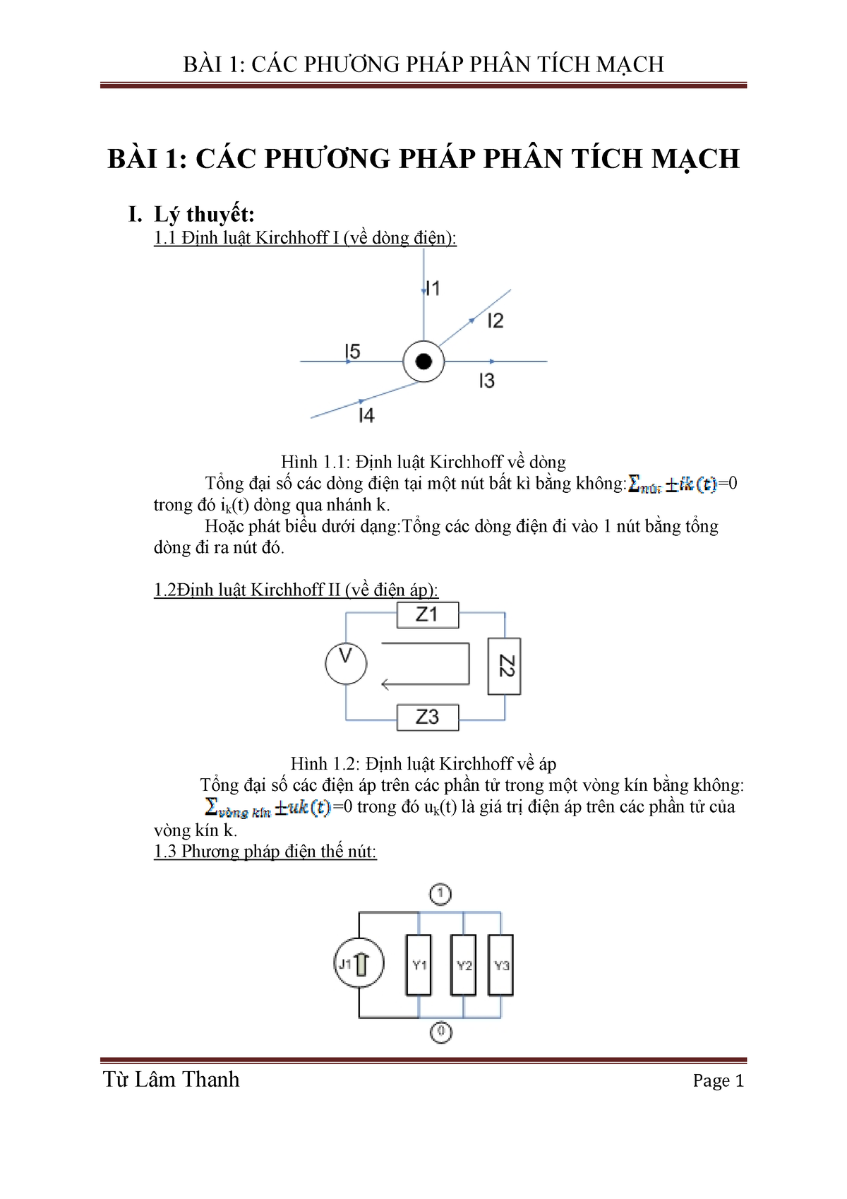 TN-LTM - điện Tử Học - B¿I 1: C¡C PHƯƠNG PH¡P PH¬N TÕCH MẠCH I. L ̋ ...