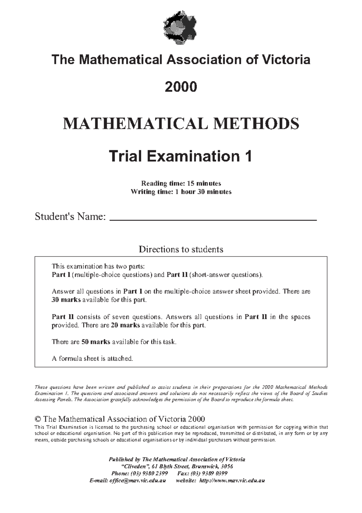 [Methods] 2000 MAV Exam 1 - The Mathematical Association of Victoria ...