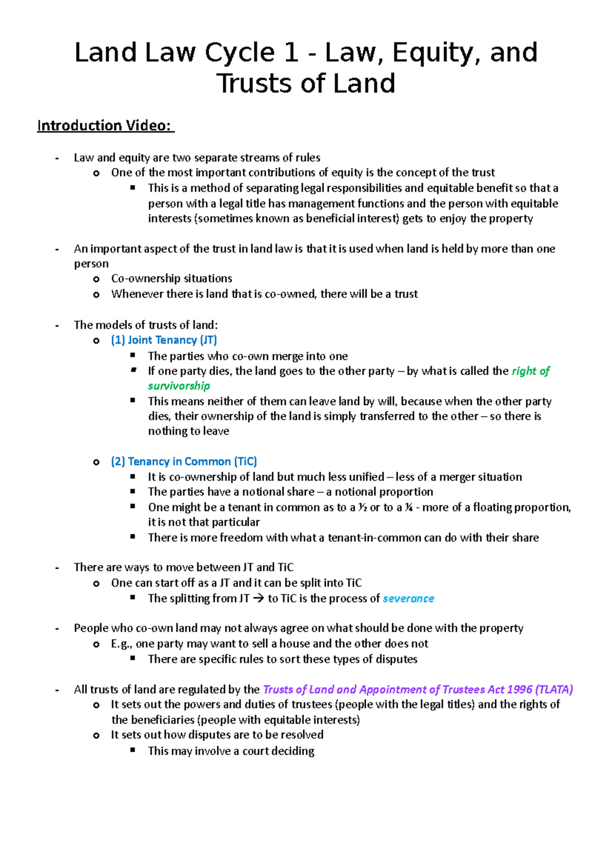 LLLC1 - Law, Equity, and Trusts of Land - Land Law Cycle 1 - Law ...