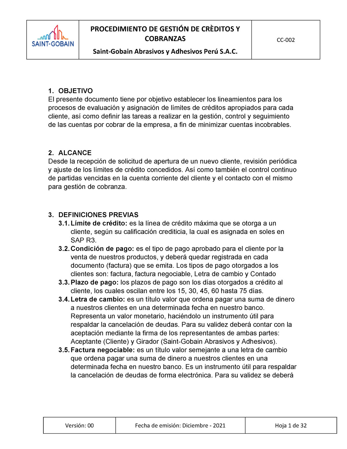 Procedimiento DE Gestion DE Creditos Y Cobranzas - COBRANZAS Saint ...