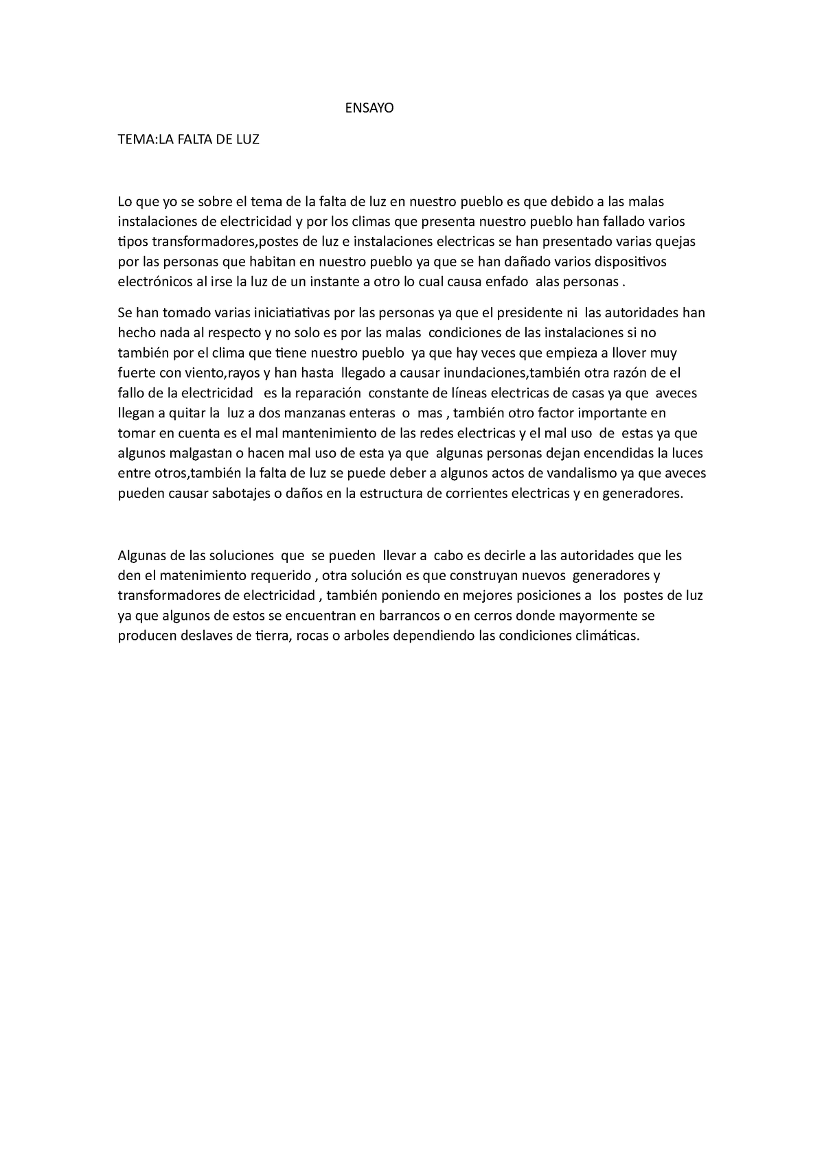 Ensayo - Wssw2 - ENSAYO TEMA:LA FALTA DE LUZ Lo Que Yo Se Sobre El Tema ...