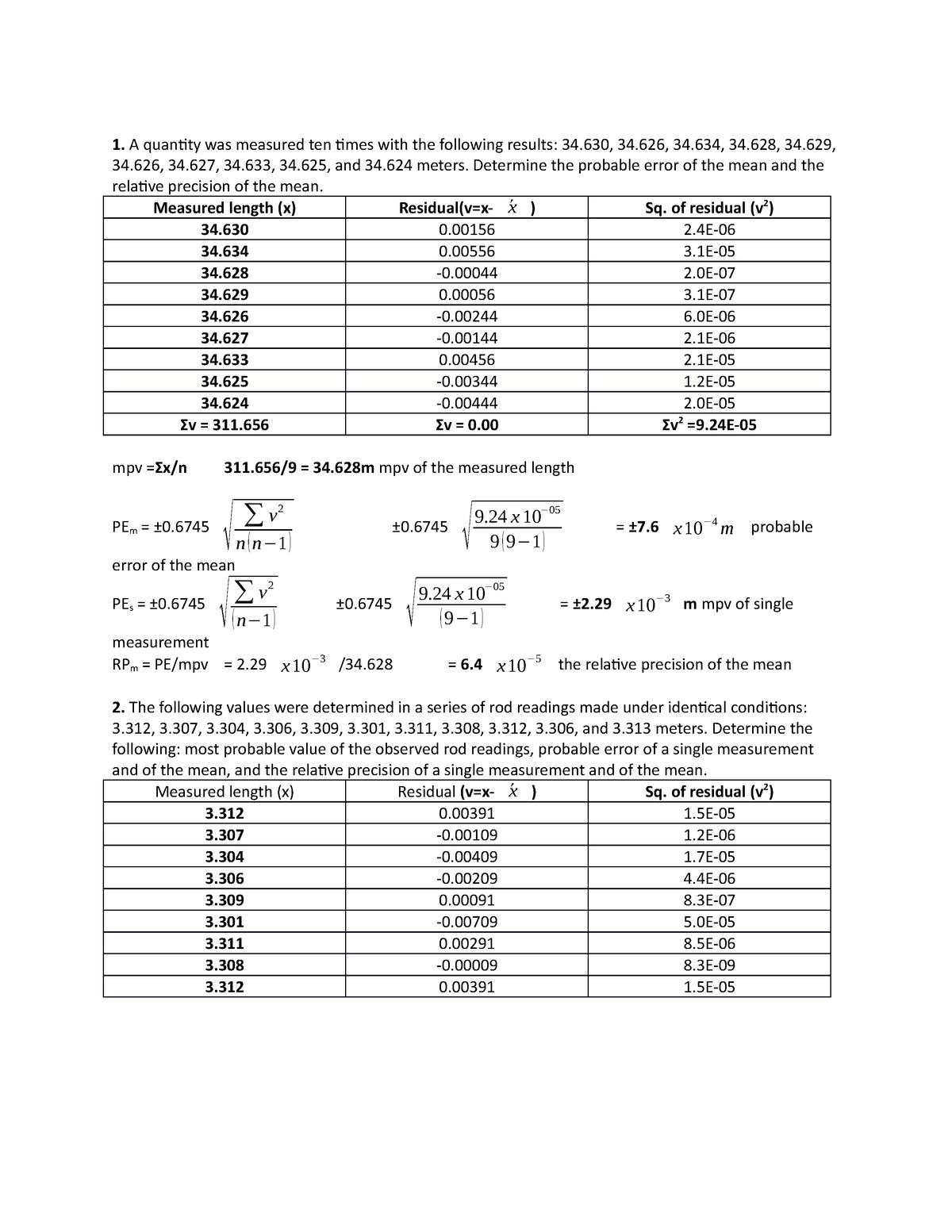 Lab 3 Probable Error Of The Mean And Relative Precision Etc 1 A Quantity Was Measured Ten 7097