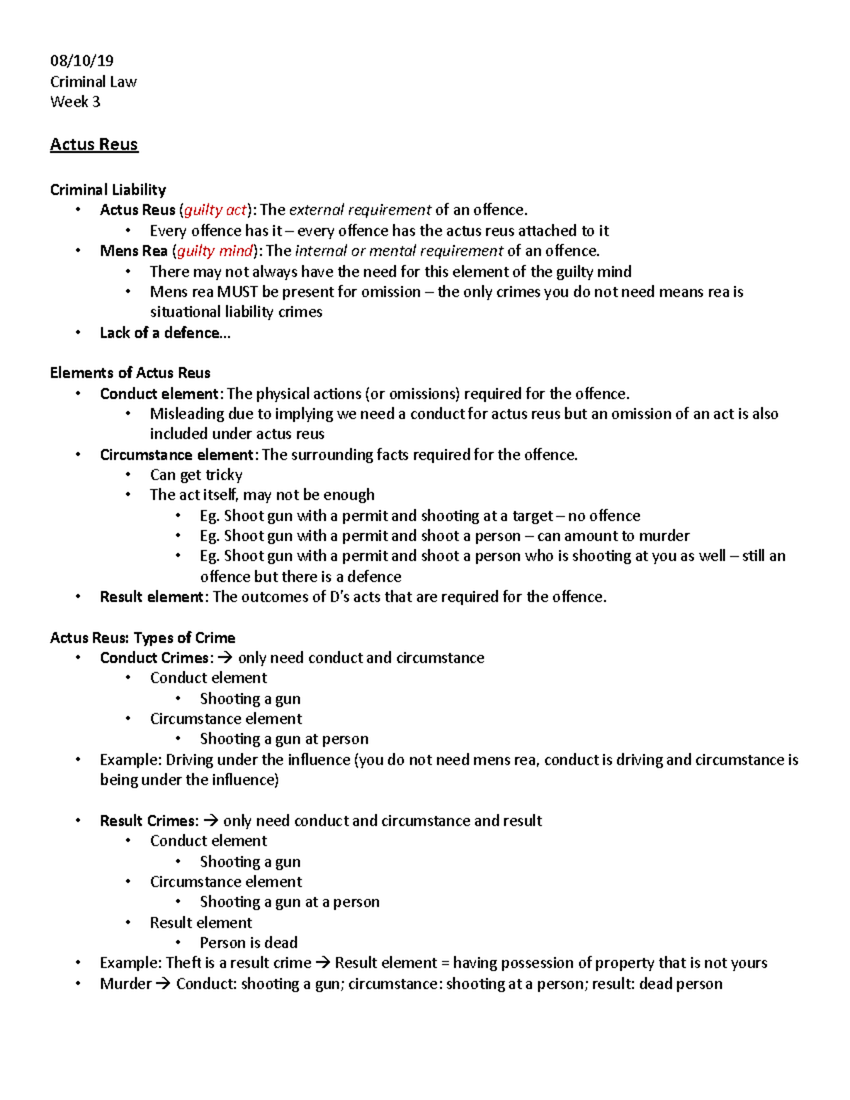 Actus Reus Lecture - 08/10/ Criminal Law Week 3 Actus Reus Criminal ...